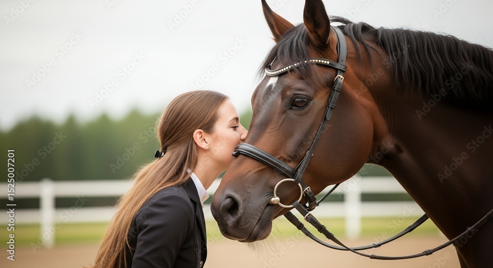 Obraz premium Young Woman Kissing Brown Horse; Equestrian Sport, Animal Love, Tender Moment
