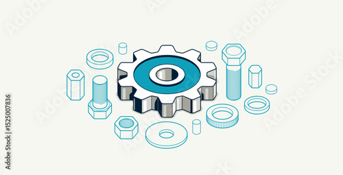 Mechanical engineering concept, gears and cogs composition isometric 3D vector illustration, cogwheels system technology and technics machinery engine.