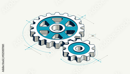 Mechanical engineering concept, gears and cogs with project drawing draft isometric 3D vector illustration, cogwheels system technology and technics machinery engine.