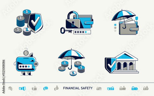 Financial safety vector detailed icons set, secured account and transaction, protected finance money.