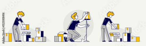 Moving to new apartment or business moving to new office, person carry and unpack boxes with stuff, beginning of new life, vector outline illustration.