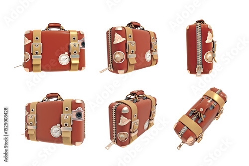 old Vintage Travel Suitcase isolated 3d render set