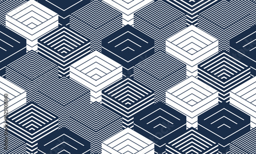 3D cubes seamless background, abstract tiling endless pattern with blocks, cubic optic construction wallpaper, surreal op art surface modular abstraction.