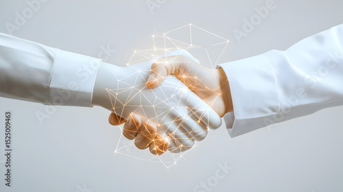 Two businesspeople in white shirts shake hands, overlaid with digital network lines, symbolizing partnership, agreement, and technology.