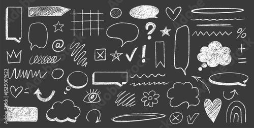 Crayon Doodle Set with Hand-Drawn Speech Bubbles, Marks and Chalk Elements on Black Board.