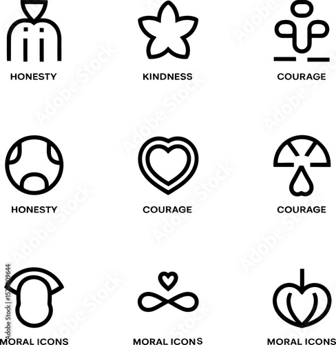 Set of modern minimalist line art icons representing moral principles and human values