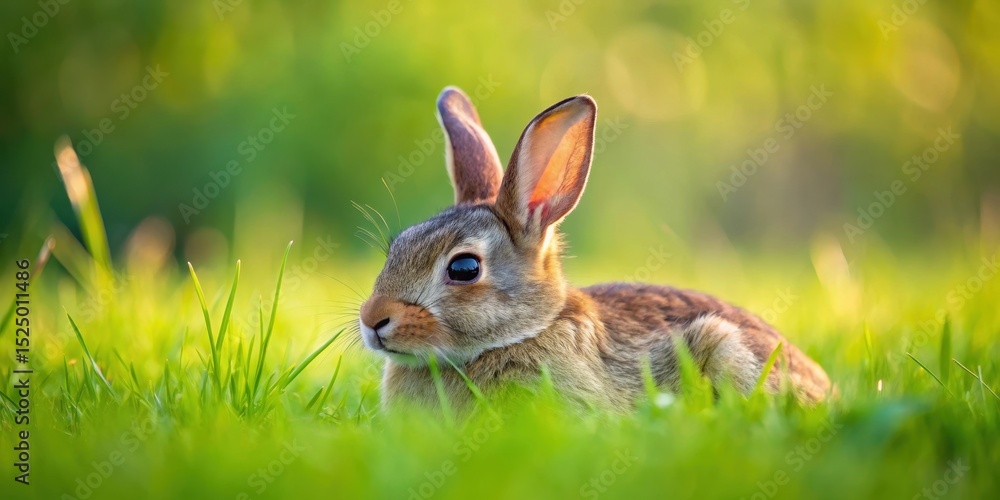 Fototapeta premium A rabbit lies on the ground in a field of green grass with blades swaying gently in the breeze