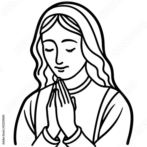 Line drawing of a praying woman with closed eyes and folded hands  