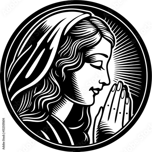 Stylized illustration of a woman in a prayer gesture, which symbolizes humility and spiritual conversion.