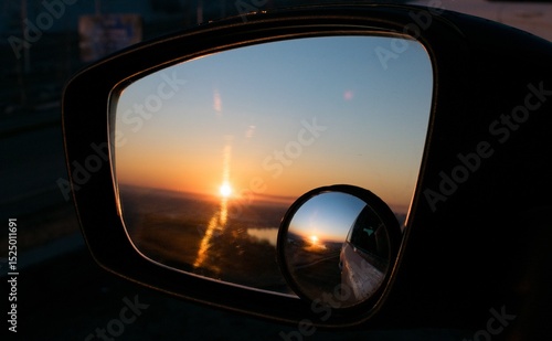 The dawn over the river is visible in the double rear-view mirror of the car.