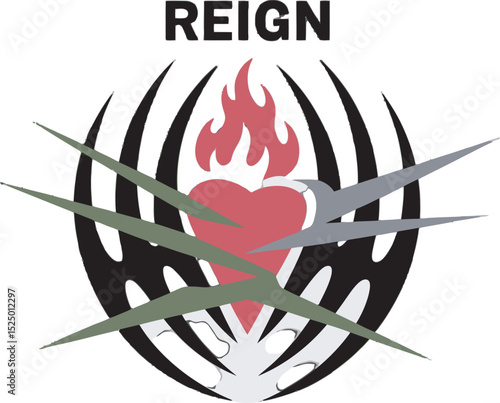 Reigning heart design with fire and spikes symbolizing power and control on white background