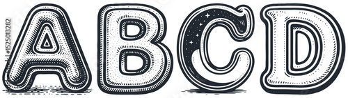 Rounded capital letters A, B, C, D in vintage engraving style. Monochrome decorative font elements. Vector illustration.