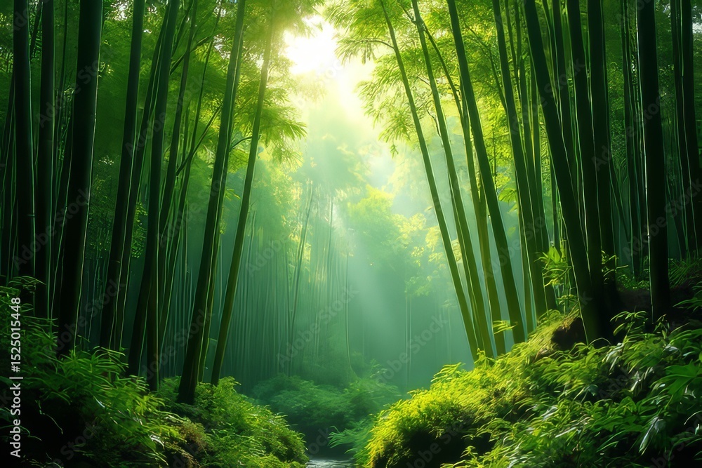 Naklejka premium Lush Green Bamboo Forest Sunlight Streams Through Trees