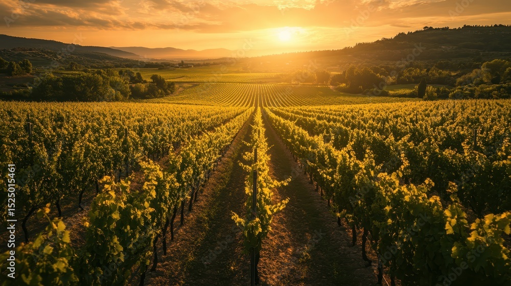 Fototapeta premium Sunset over sprawling vineyard showcasing rows of grapevines in serene countryside landscape