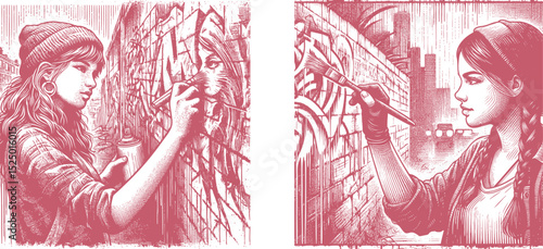 Young female graffiti artist painting vibrant red and pink mural on city wall, woodcut engraving style, brush-shaped postal stamp design, urban street art, creative colorful artwork