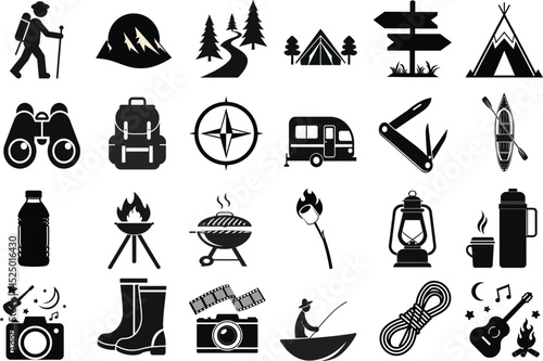 Vector silhouette of camping and outdoor activities icon set. Include elements like a tent, campfire, hiking backpack, compass, marshmallows on sticks, barbecue grill, thermos with cup.