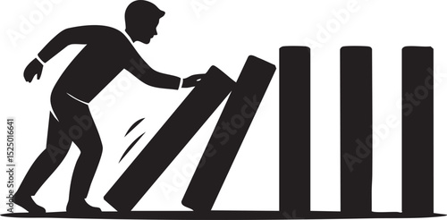 Black Domino Effect Icon With Person Pushing Blocks Isolated On White Background Symbol For Risk Decision Chain Reaction And Consequences