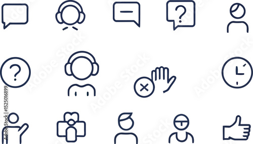 Collection of modern line icons representing customer service support and communication elements