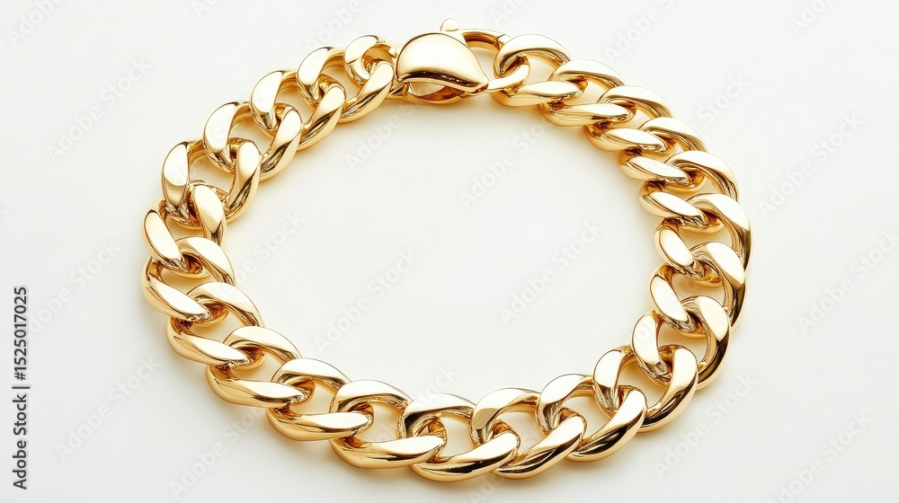 Gold chain necklace with polished finish laid in a circular shape on white background Gold chain necklace with polished finish laid in a circular shape on white background
