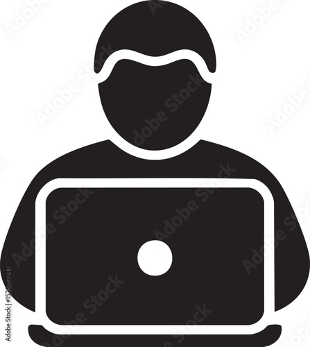 Black Icon Of Person Using Laptop Isolated On White Background Symbol For Remote Work Online Learning Technology Freelancing And Computing