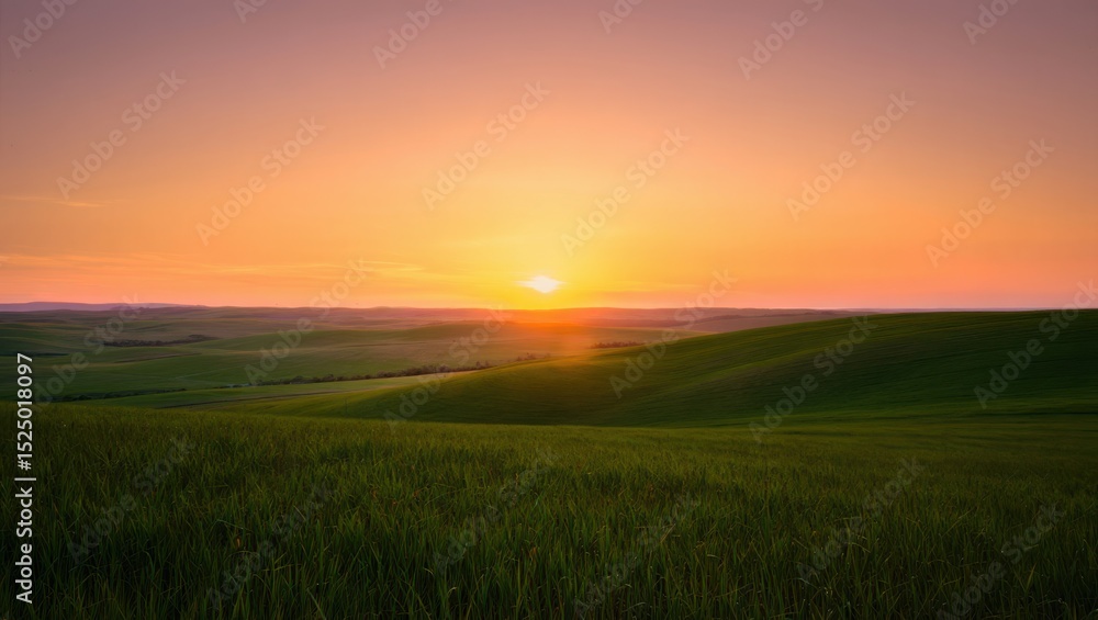 Sunset paints the rolling green hills with warm, vibrant hues Sunset paints the rolling green hills with warm, vibrant hues