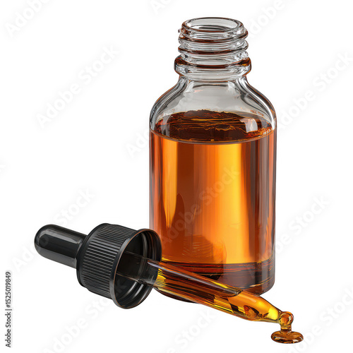 Amber essential oil bottle with dropper isolated on transparent background