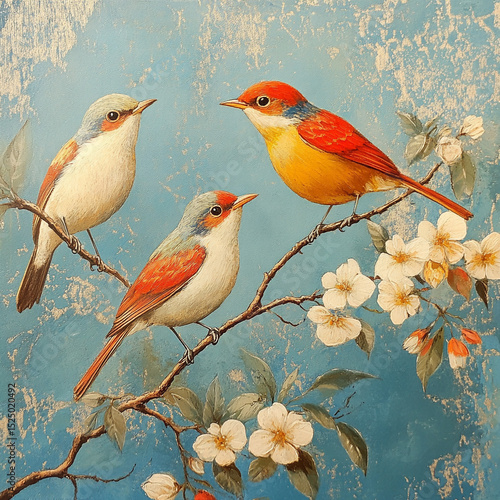 Colorful Birds on Blossoming Branches Vintage Style Painting of Songbirds in Springtime