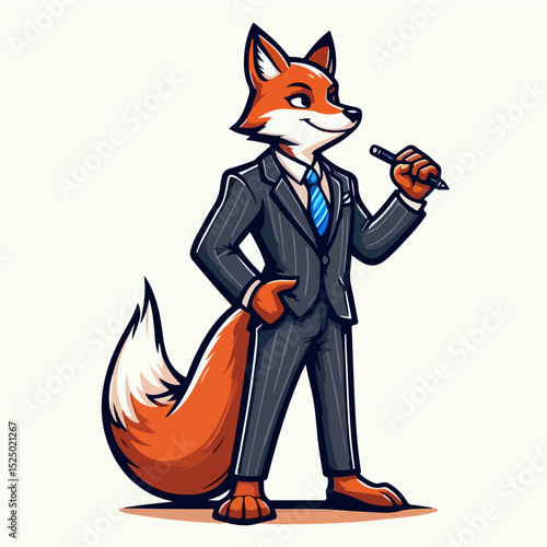 Confident Fox in Suit: An anthropomorphic fox in a tailored suit, exuding professionalism and confidence as it holds a pen, ready to take on any task.