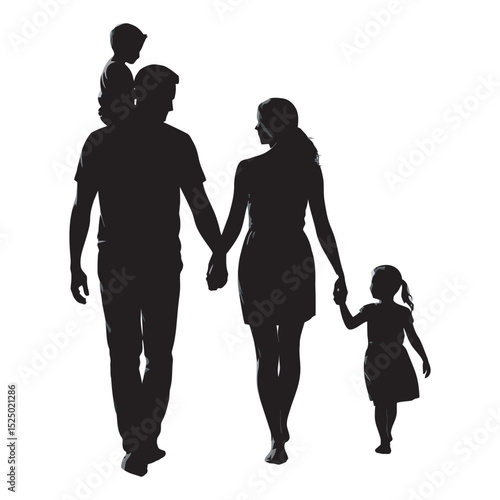 Loving family silhouette of parents and children walking together in unity isolated on clean white