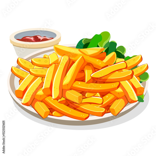 french fries on a plate ketchup no background