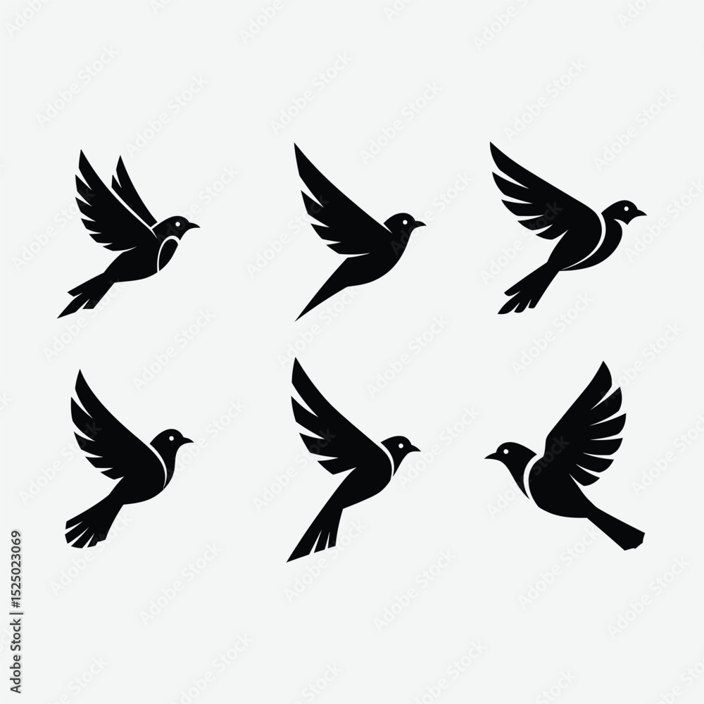 Fototapeta premium Discover this minimalist bird logo set featuring six unique, black, geometric bird designs in flight. Each logo showcases clean, abstract shapes with symmetrical composition .
