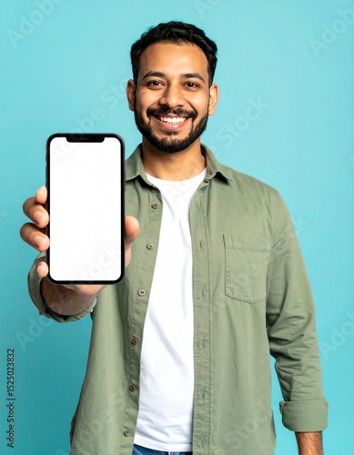 Happy Man Showing Blank Smartphone Screen, Mockup for App Presentation.  Smiling Indian Guy in Green Shirt Holding Mobile Phone with Empty Display. Perfect for Advertising and Mobile App Promotion.