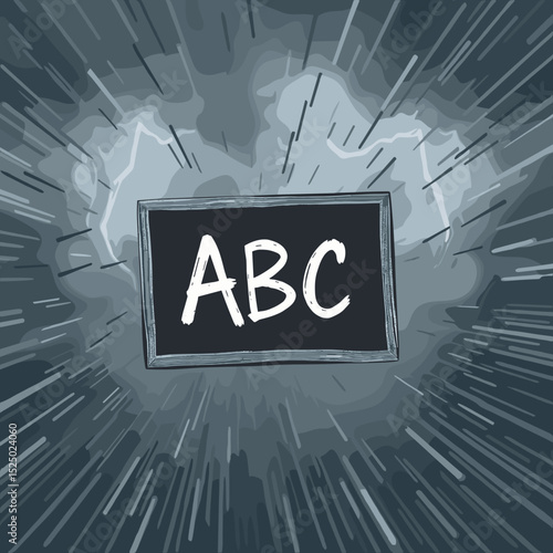 Chalkboard with "ABC" written on it, surrounded by dynamic white lines creating a burst effect
