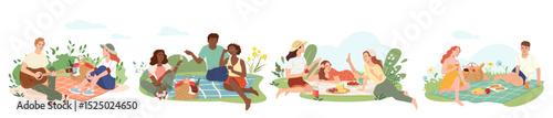 People having picnic on lawn outdoors Friends and couples relaxing on blankets with food and drinks in summer park. Design element for banner, card, poster, print or website. Flat vector illustrations