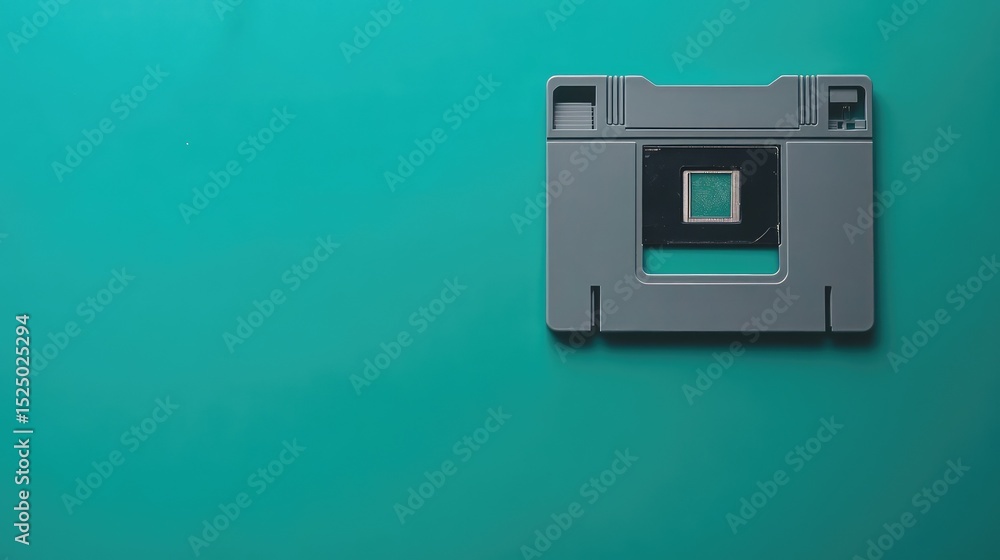 Fototapeta premium Top-down view of a grey floppy disk on a clean teal background, simple tech theme