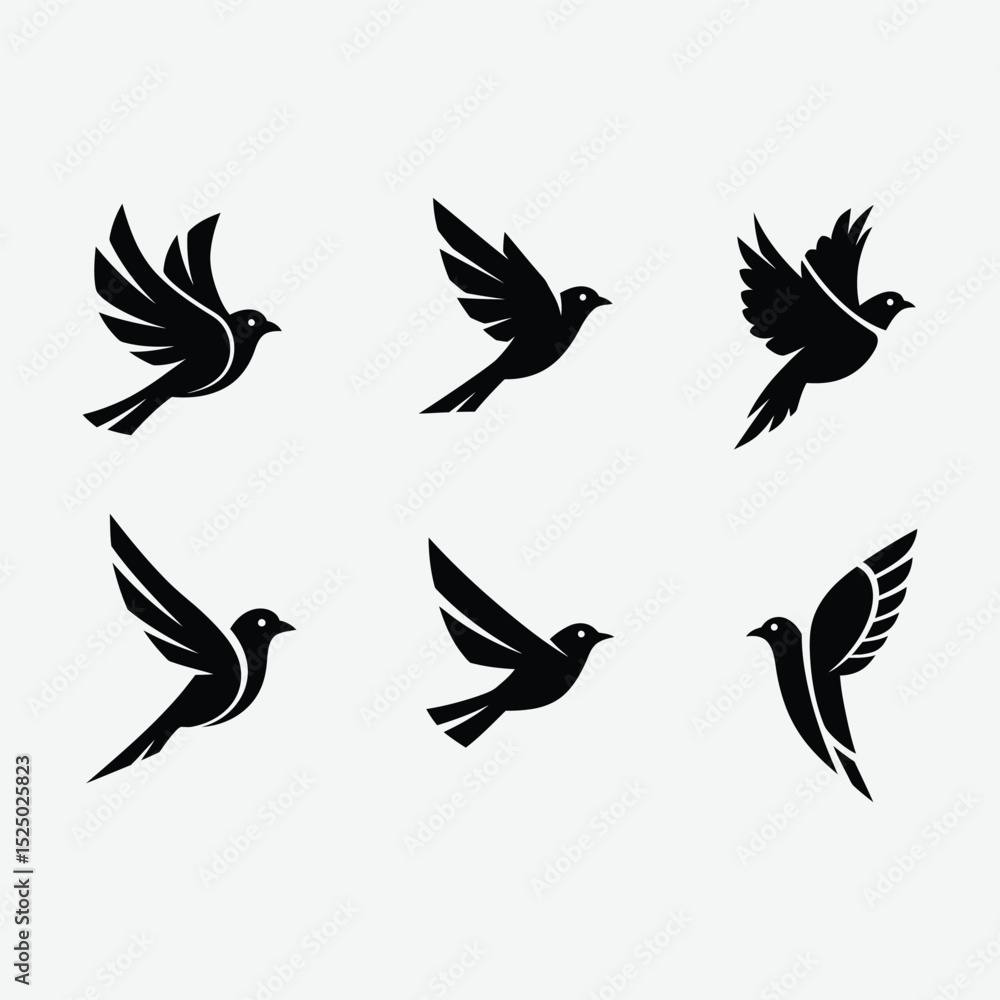 Fototapeta premium Discover this minimalist bird logo set featuring six unique, black, geometric bird designs in flight. Each logo showcases clean, abstract shapes with symmetrical composition .