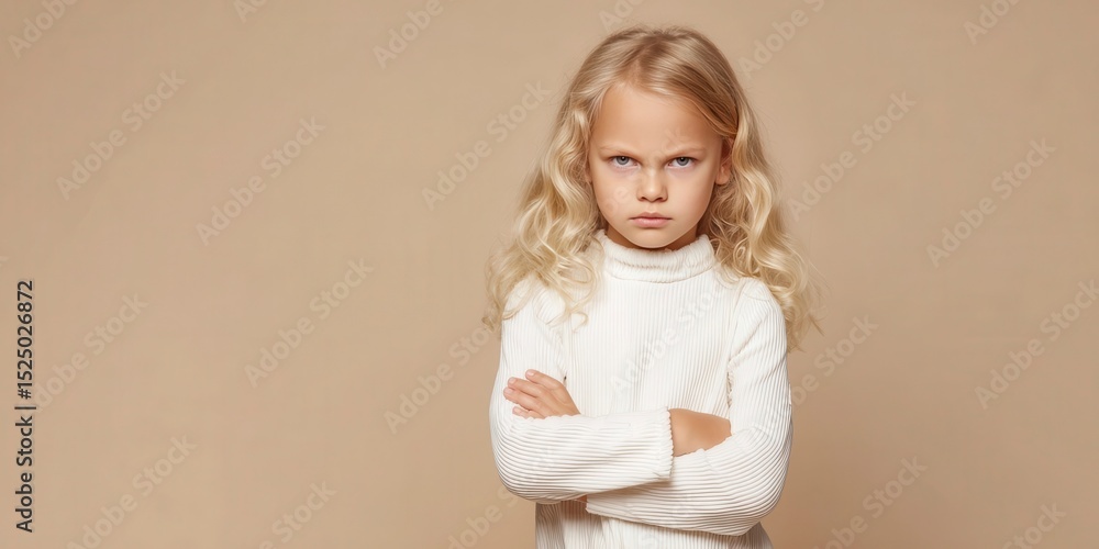 Little girl with blonde hair is making angry face expression with arms crossed Little girl with blonde hair is making angry face expression with arms crossed