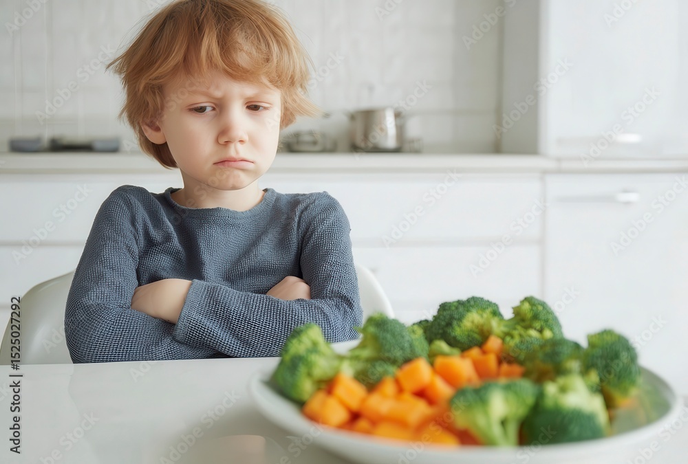 Mischievous 5 year old Child Sitting at Dining Table with Arms Crossed Defiantly Refusing to Eat the Colorful Vegetables on Their Plate in a Cozy Warm Lit Kitchen Setting Mischievous 5 year old Child Sitting at Dining Table with Arms Crossed Defiantly Refusing to Eat the Colorful Vegetables on Their Plate in a Cozy Warm Lit Kitchen Setting