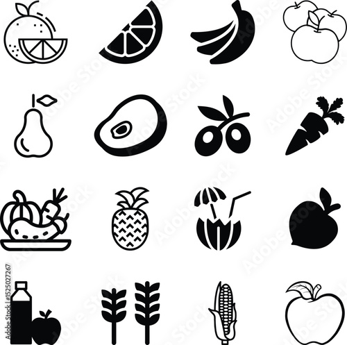 Food and drink set of web icons in line style. Restaurant linear icon collection. Containing meat, fruits, vegetables, desserts, drink, burger, pizza, hot dog, french fries and more