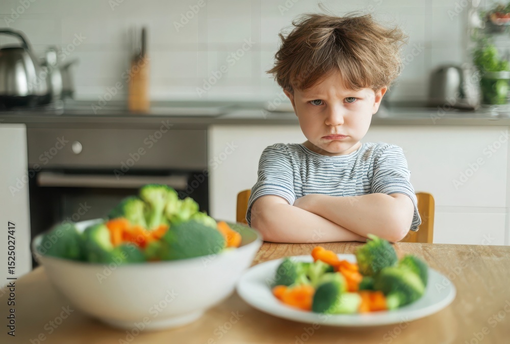 Mischievous 5 year old Child Sitting at Dining Table with Arms Crossed Defiantly Refusing to Eat the Colorful Vegetables on Their Plate in a Cozy Warm Lit Kitchen Setting Mischievous 5 year old Child Sitting at Dining Table with Arms Crossed Defiantly Refusing to Eat the Colorful Vegetables on Their Plate in a Cozy Warm Lit Kitchen Setting