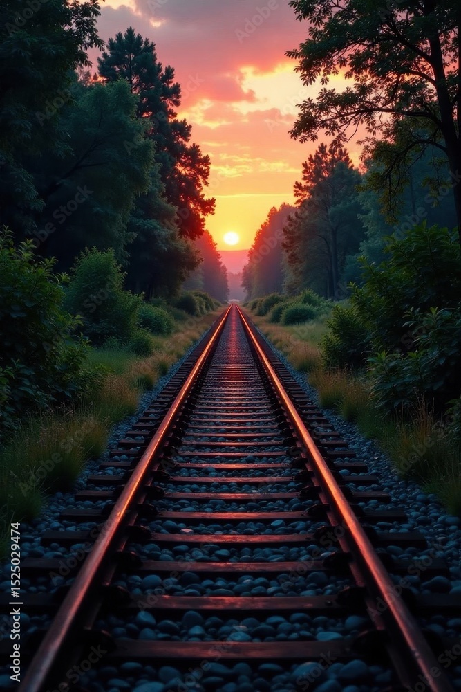 Fototapeta premium Rusty tracks vanish into twilight, grainy film texture, texture, picture, steel