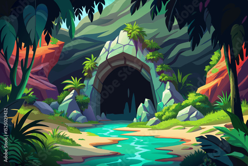 Vector illustration of a mysterious cave entrance surrounded by lush tropical greenery perfect for adventure scenes, jungle exploration themes, and exotic travel backgrounds