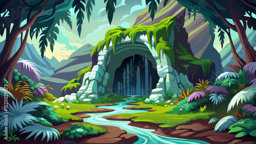 Vector illustration of a mysterious cave entrance surrounded by lush tropical greenery perfect for adventure scenes, jungle exploration themes, and exotic travel backgrounds