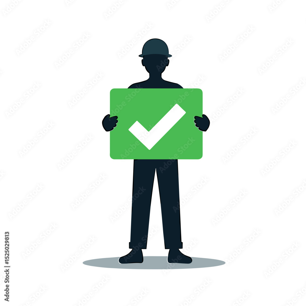Silhouette of Construction Worker Holding a Green Sign with a Check Mark Illustration Silhouette of Construction Worker Holding a Green Sign with a Check Mark Illustration