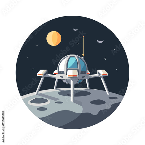 Stylized Lunar Lander on the Moon Surface with Stars and Yellow Planet in the Background Illustration