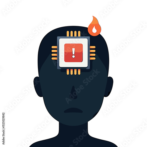 Overheated Processor: Silhouette of a Person with a Burning CPU on Their Forehead Illustration