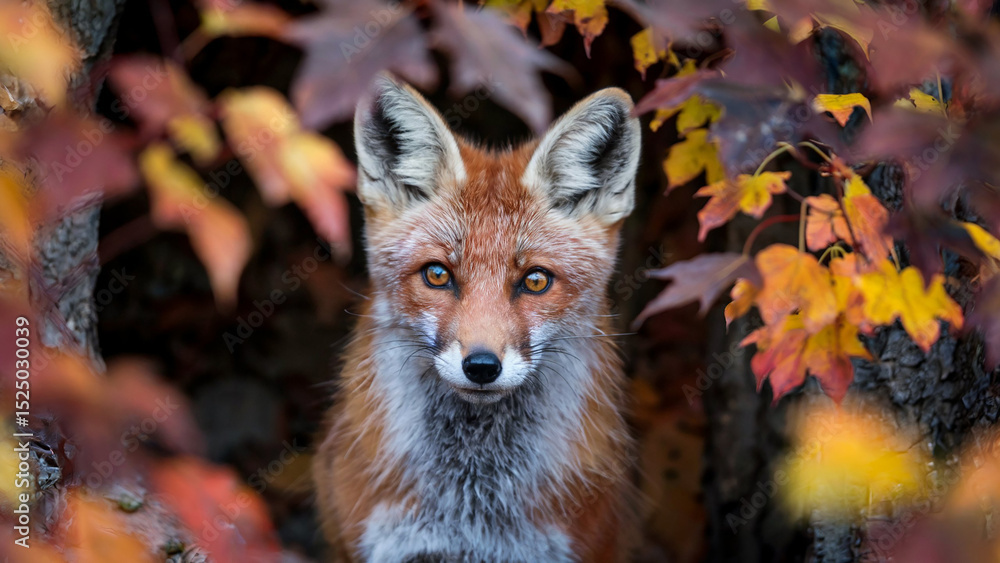 Fototapeta premium Autumnal Fox Peeking Through Fall Foliage