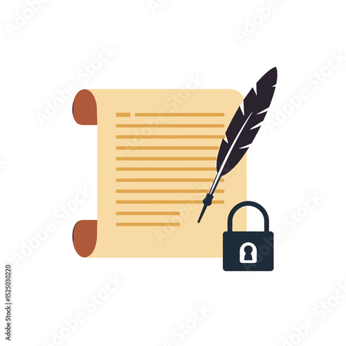 Vector Illustration of a Scroll with Text, Feather Quill Pen, and Padlock Representing Security and Confidentiality