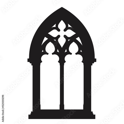 Detailed Silhouette of a Gothic Arch Window Frame with Intricate Geometric Patterns and Architectural Details