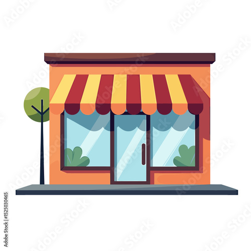 Cartoon Illustration of a Small Business Storefront with Red and Yellow Striped Awning and Tree